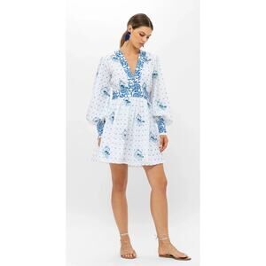 Oliphant Tuckernuck V-Neck Shirt Waist Mini Dress Corfu Blue Long Sleeve